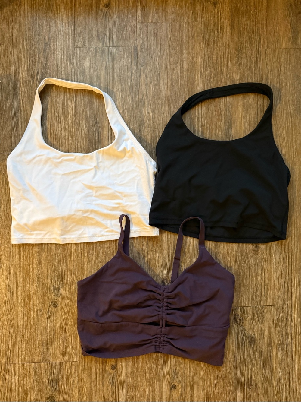 Athleta Three-Pack halter Tank and Ruched Bralette - White, Black, Purple